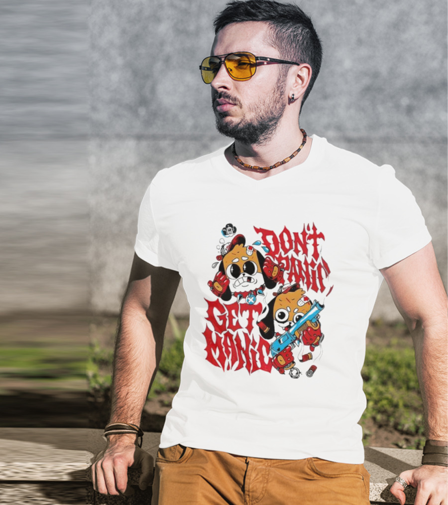 Don’t Panic Get Manic Cartoon Bears In Red And Black With Blue Gun T-Shirt