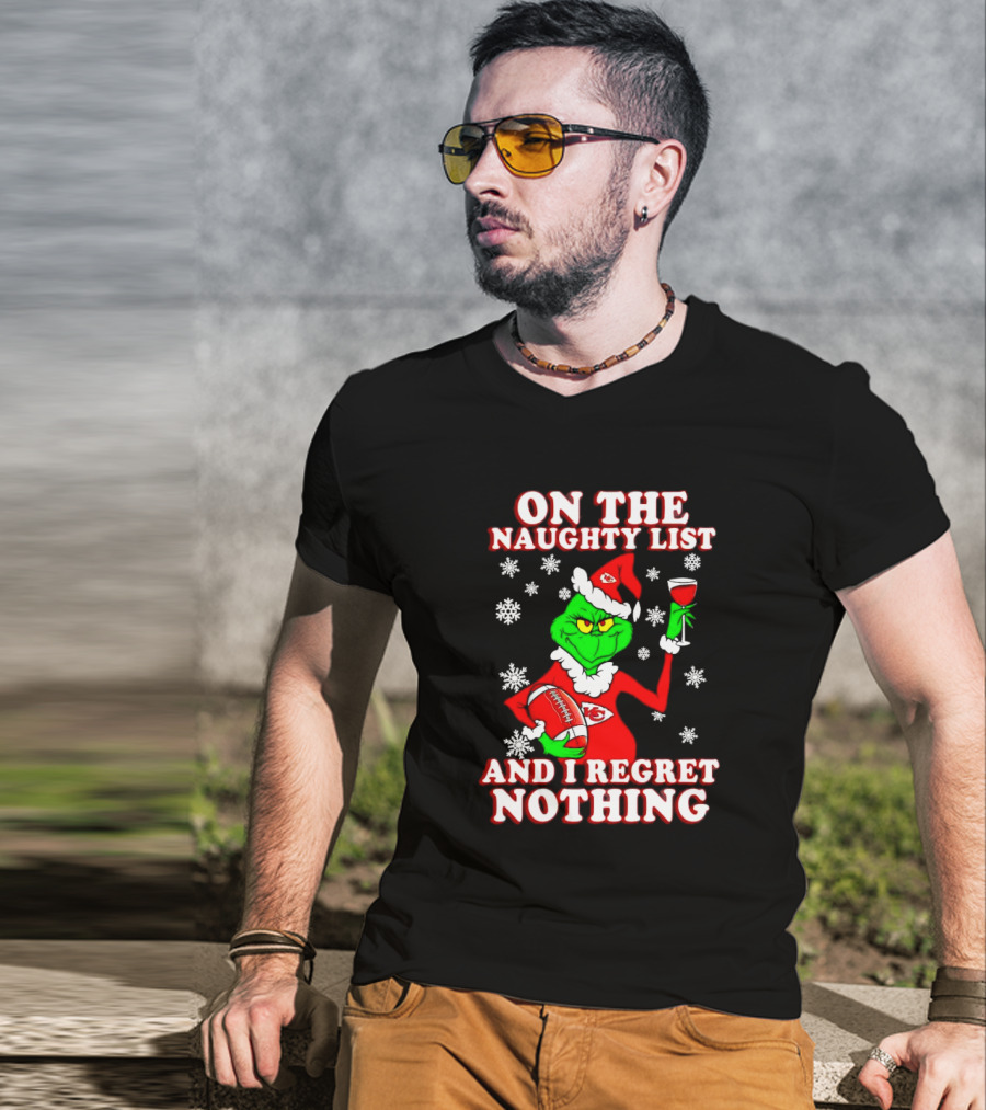Grinch In Chiefs Colors With Naughty List And I Regret Nothing Christmas Football T-Shirt
