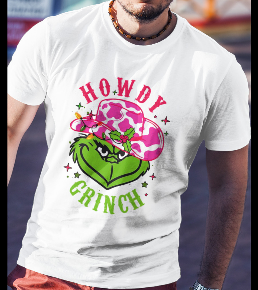 Howdy Grinch Christmas Cowboy Hat Festive Lights T-Shirt