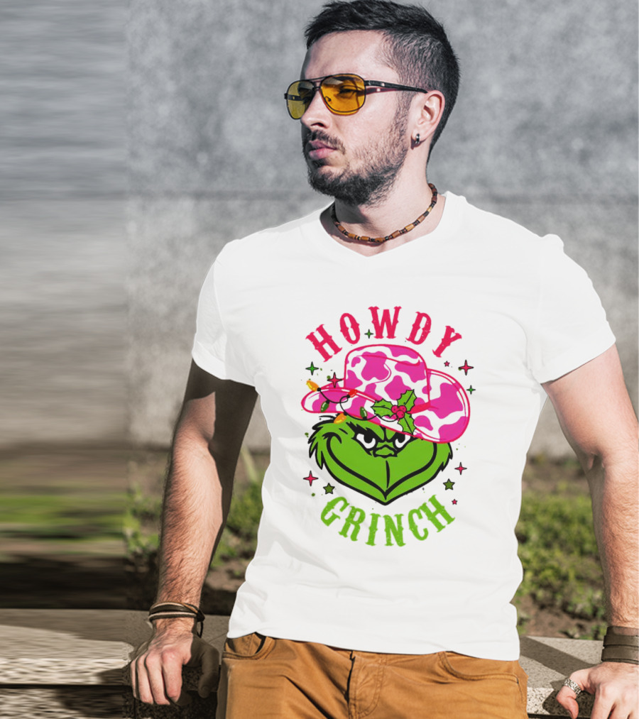 Howdy Grinch Christmas Cowboy Hat Festive Lights T-Shirt