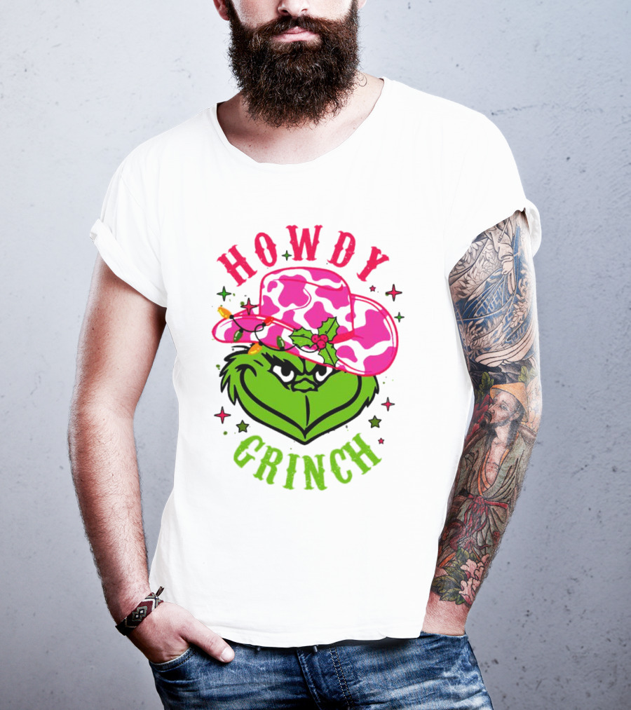 Howdy Grinch Christmas Cowboy Hat Festive Lights T-Shirt