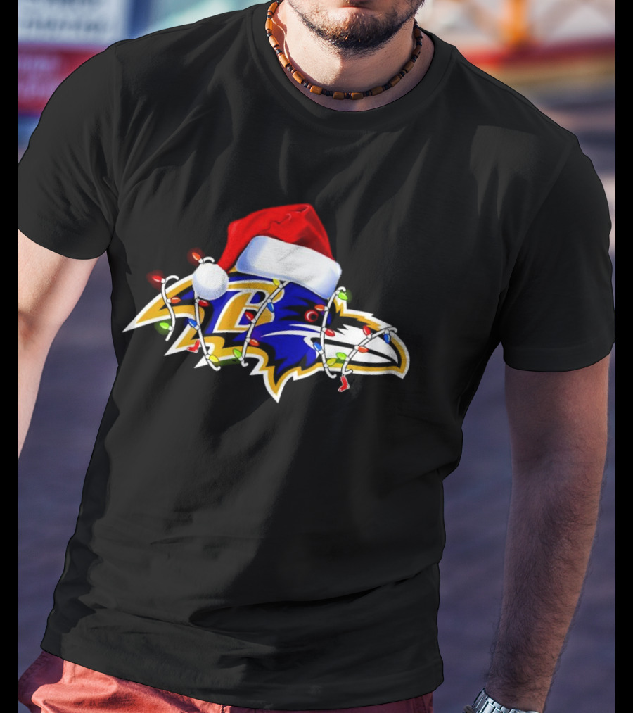 Baltimore Ravens Christmas Lights Santa Hat T-Shirt