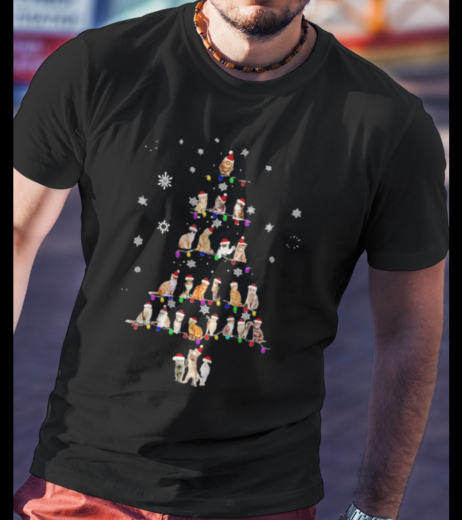 Cats With Santa Hats And Christmas Lights In Tree Shape T-Shirt