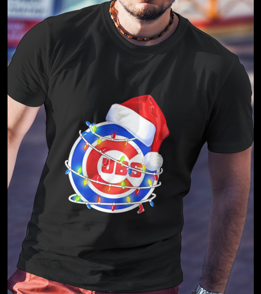 Chicago Cubs Festive Christmas Lights With Santa Hat T-Shirt