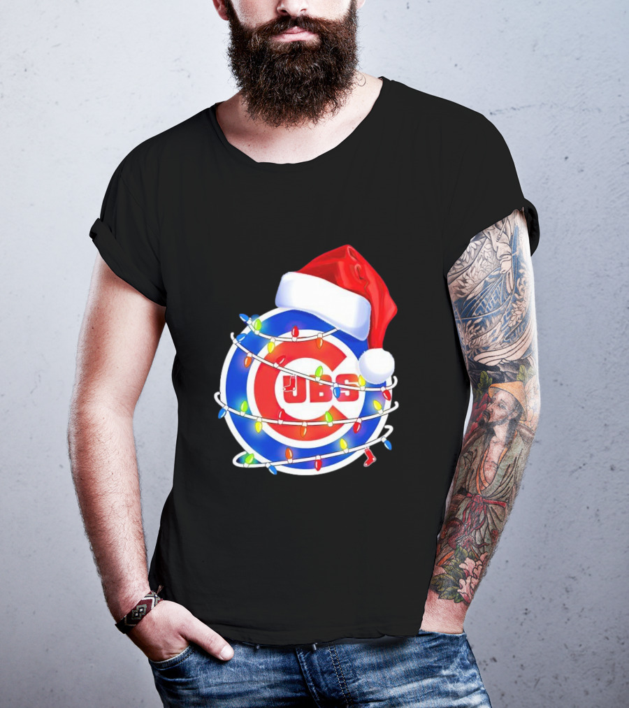 Chicago Cubs Festive Christmas Lights With Santa Hat T-Shirt