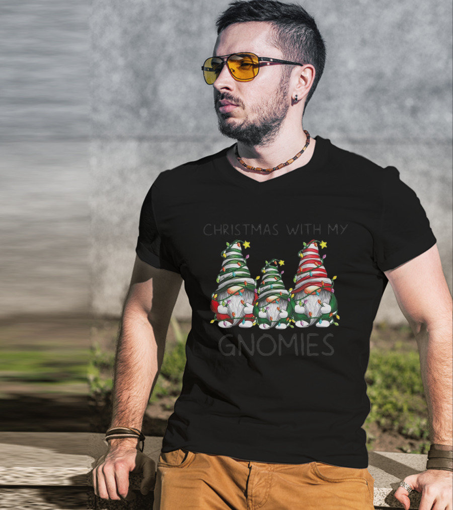 Christmas With My Gnomies Festive Holiday Lights Gnome Trio T-Shirt