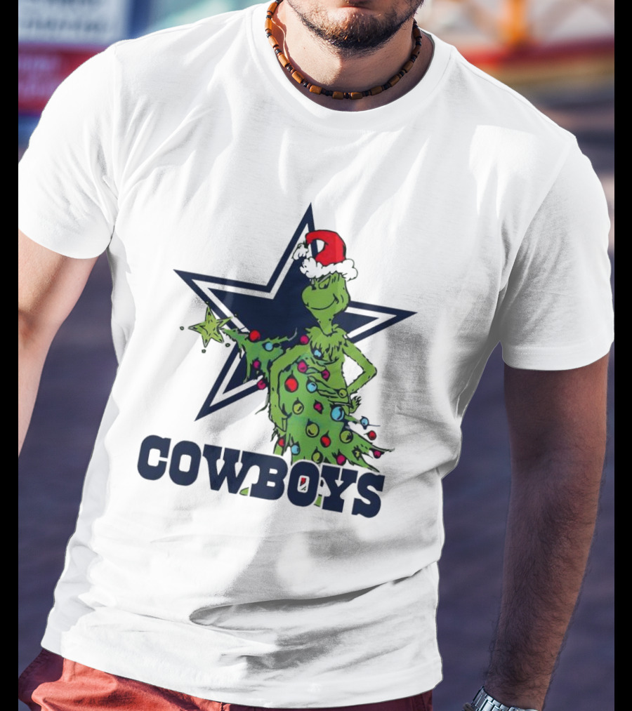 Dallas Cowboys Grinch In Santa Hat With Christmas Tree And Star T-Shirt