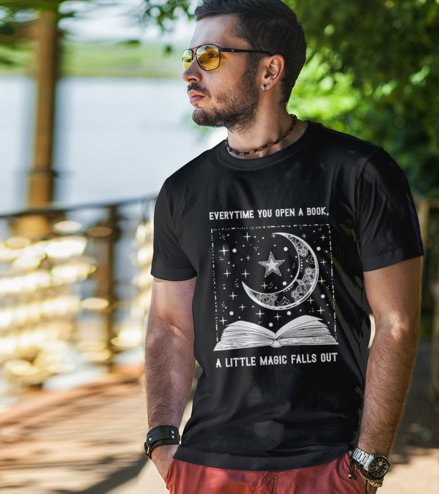 Everytime You Open A Book A Little Magic Falls Out With Starry Crescent Moon And Open Pages T-Shirt