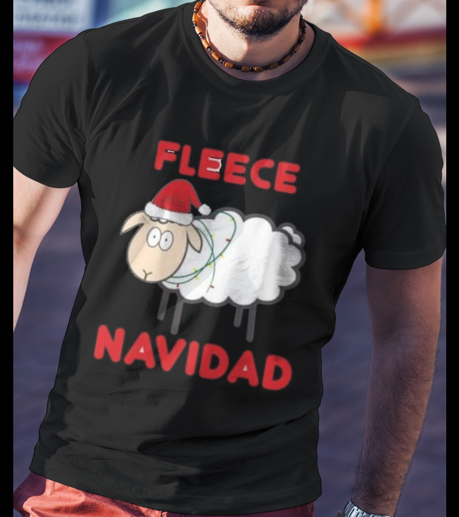 Fleece Navidad Christmas Sheep With Santa Hat And Festive Lights T-Shirt