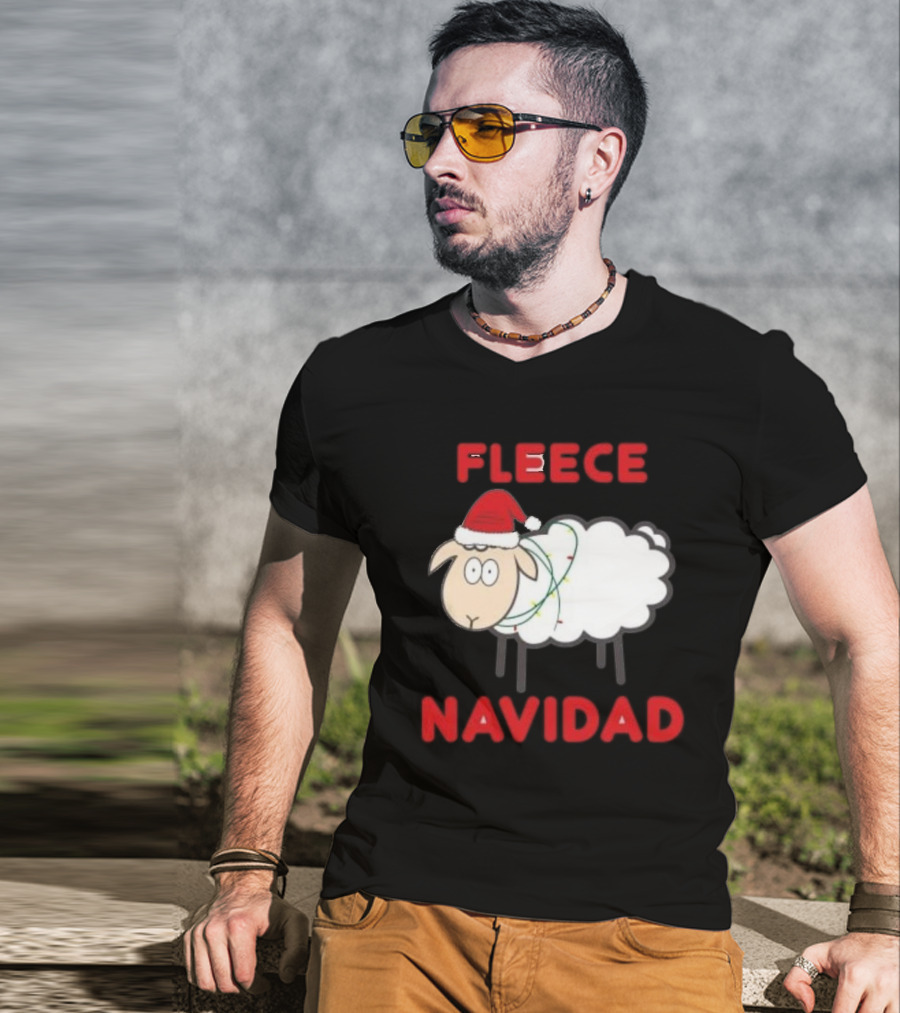 Fleece Navidad Christmas Sheep With Santa Hat And Festive Lights T-Shirt