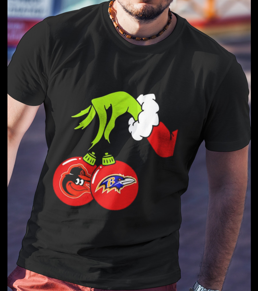 Grinch Hand Holding Baltimore Ravens And Orioles Christmas Ornaments T-Shirt