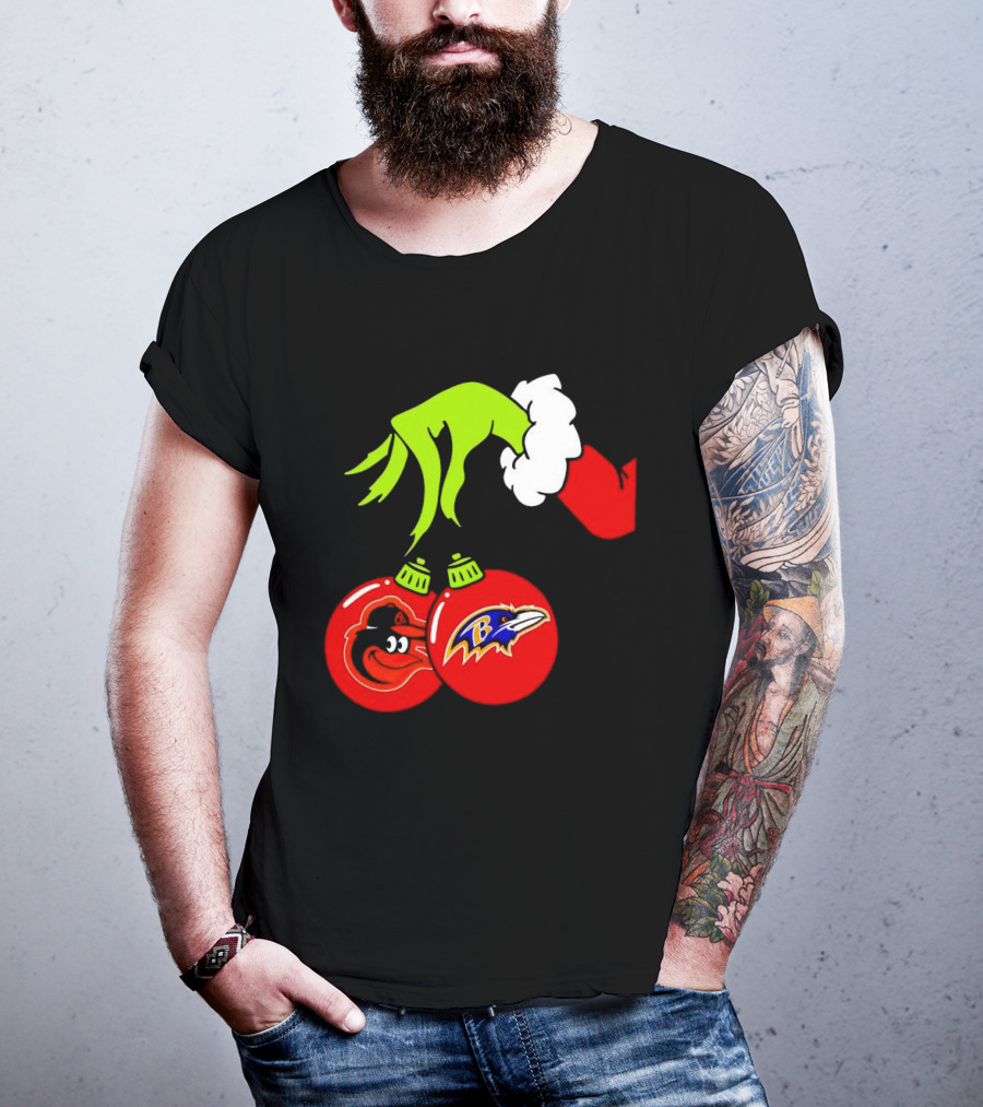 Grinch Hand Holding Baltimore Ravens And Orioles Christmas Ornaments T-Shirt