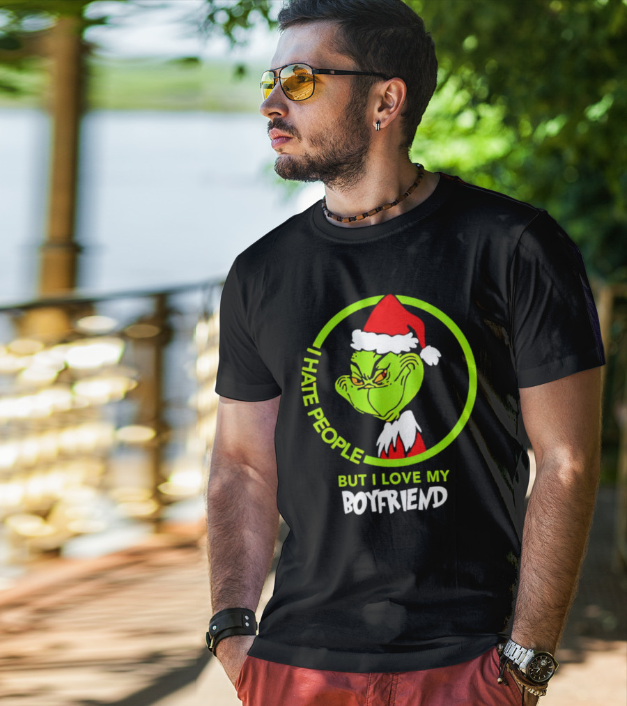 Grinch I Hate People But I Love My Boyfriend Christmas Santa Hat T-Shirt