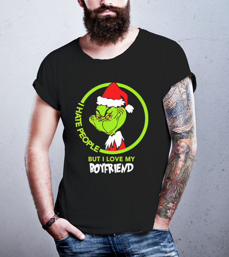 Grinch I Hate People But I Love My Boyfriend Christmas Santa Hat T-Shirt