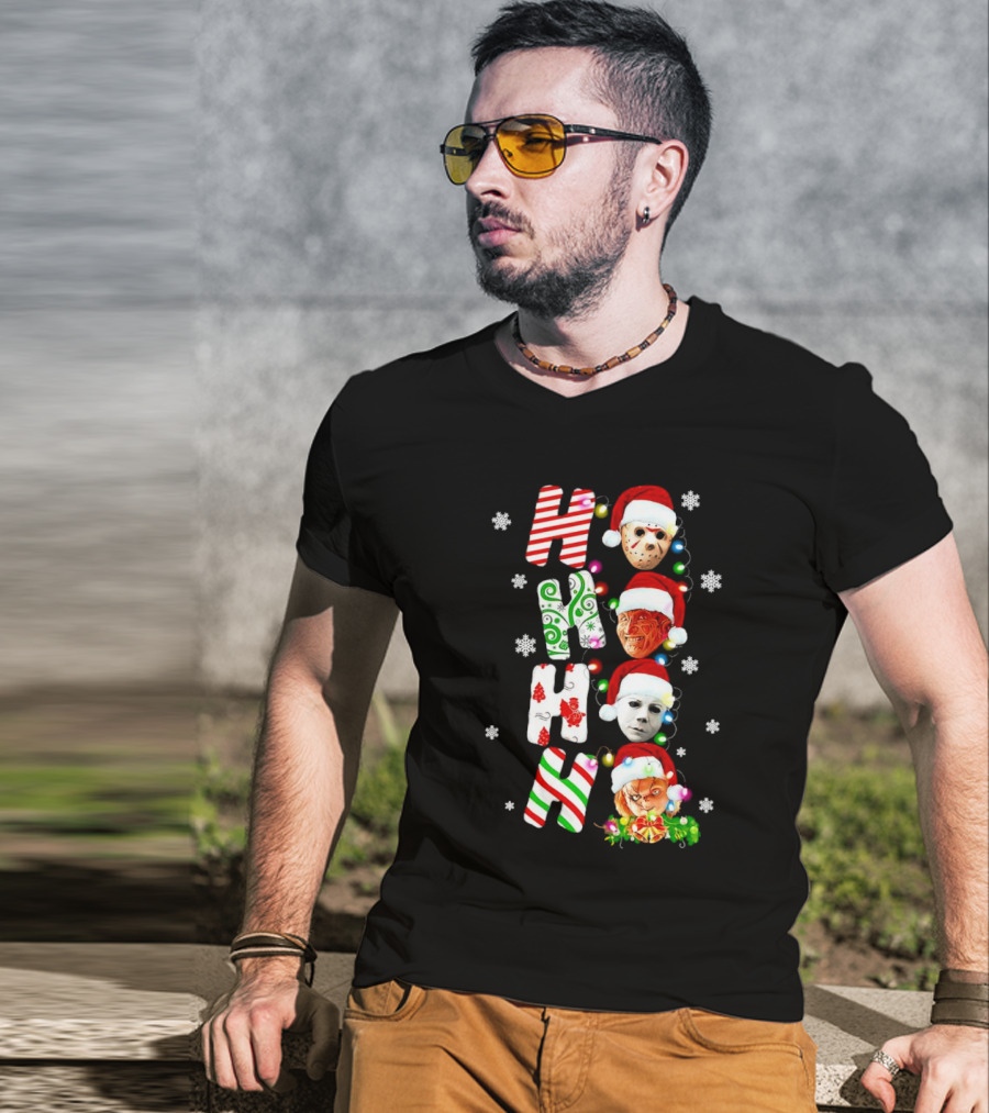 Ho Ho Ho Horror Movies Characters Christmas Snowflakes Santa Hats T-Shirt
