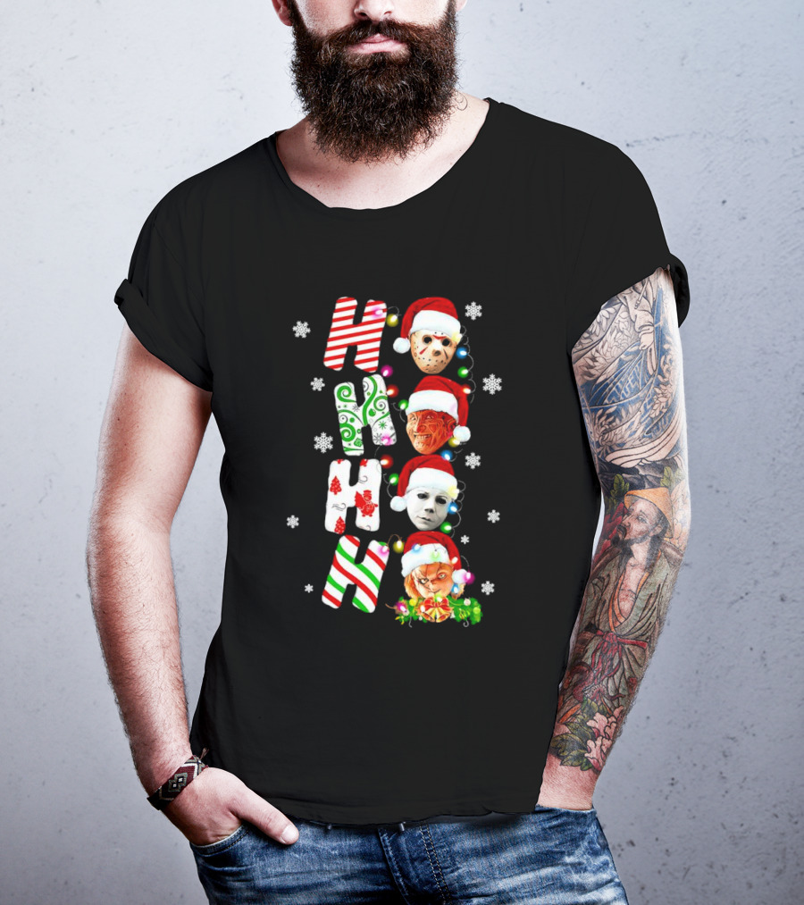 Ho Ho Ho Horror Movies Characters Christmas Snowflakes Santa Hats T-Shirt