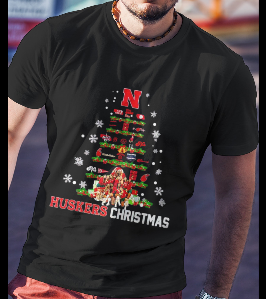 Huskers Christmas Tree With Nebraska Cornhuskers Logo And Holiday Decorations T-Shirt