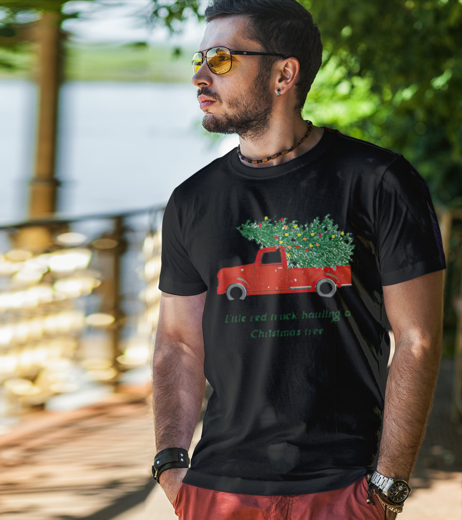 Little Red Truck Hauling Christmas Tree Festive Vintage Holiday Scene T-Shirt