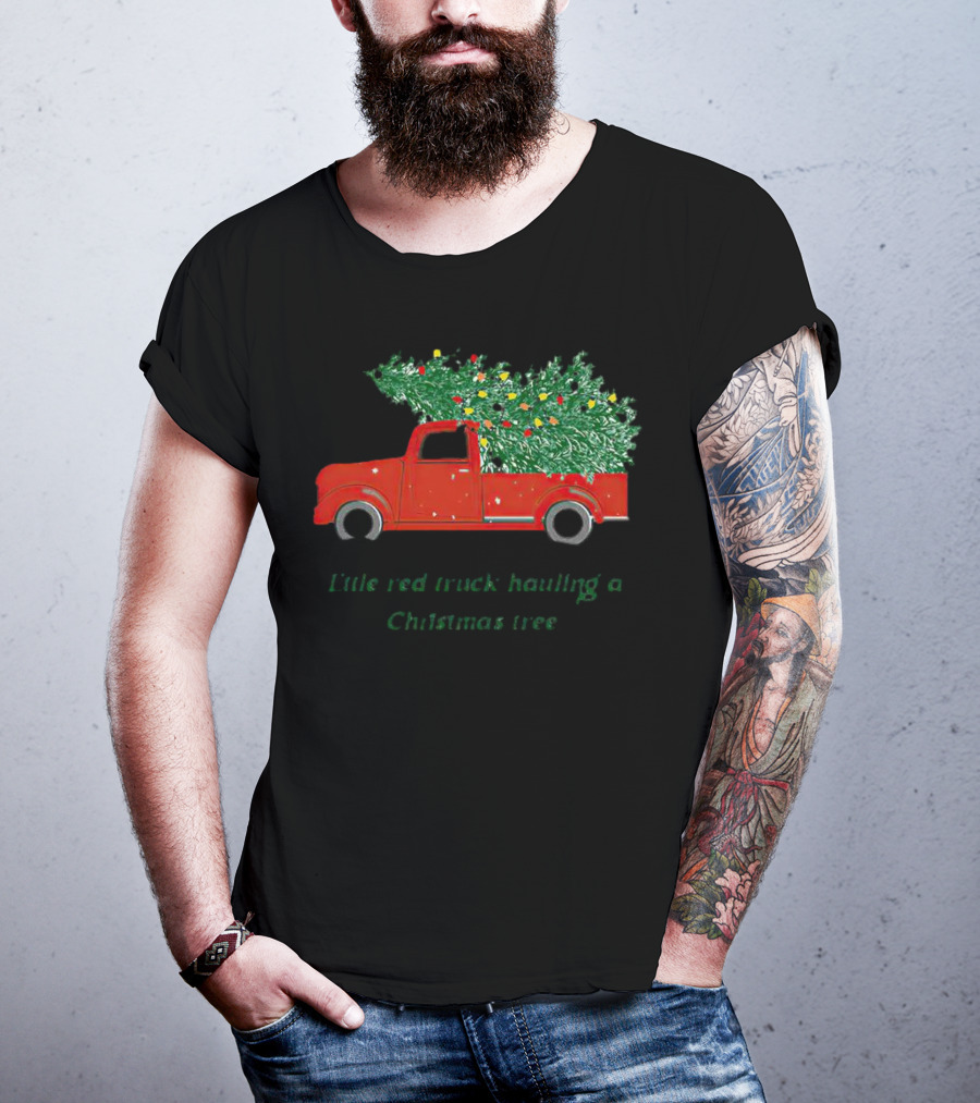 Little Red Truck Hauling Christmas Tree Festive Vintage Holiday Scene T-Shirt
