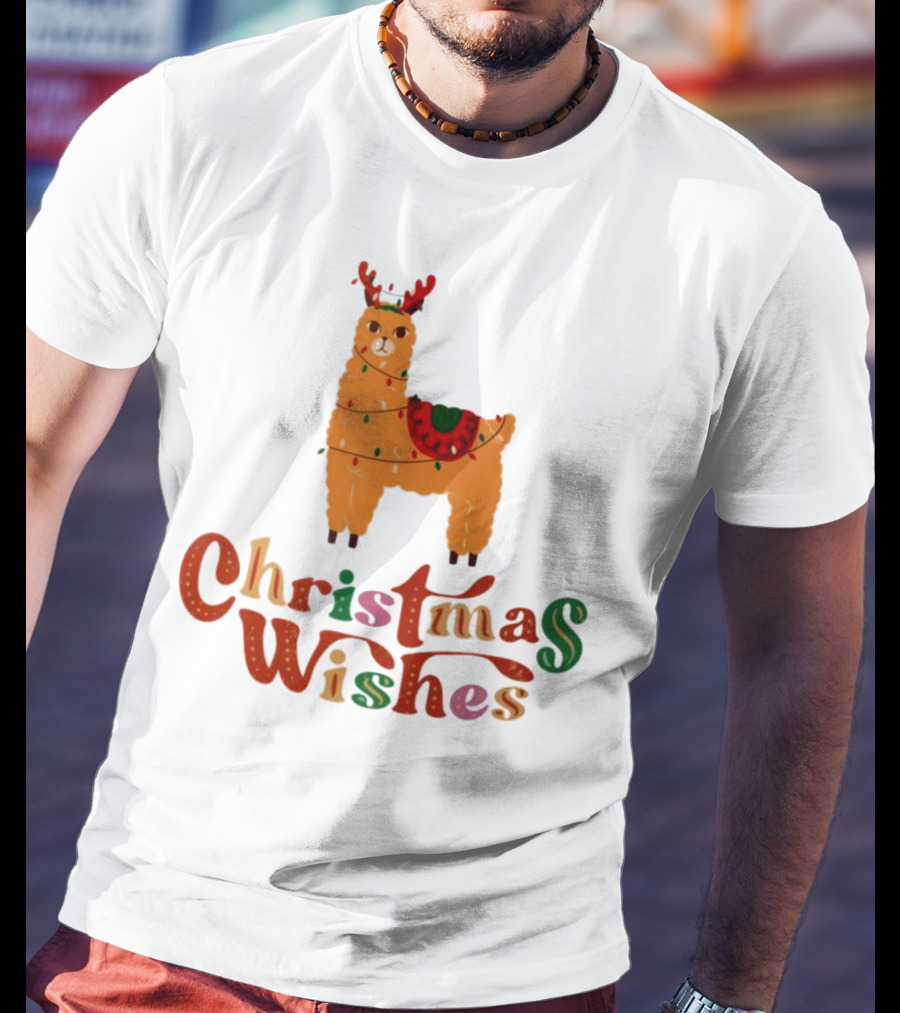 Christmas Wishes Llama Reindeer With Lights T-Shirt