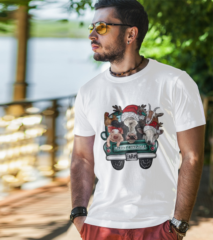 Merry Christmas Farm Animals In Holiday Truck T-Shirt