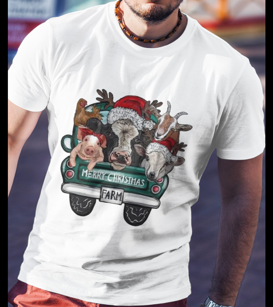 Merry Christmas Farm Animals In Holiday Truck T-Shirt