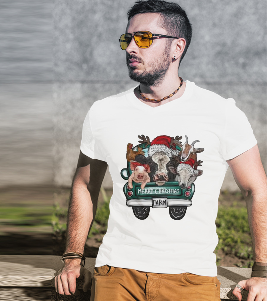 Merry Christmas Farm Animals In Holiday Truck T-Shirt