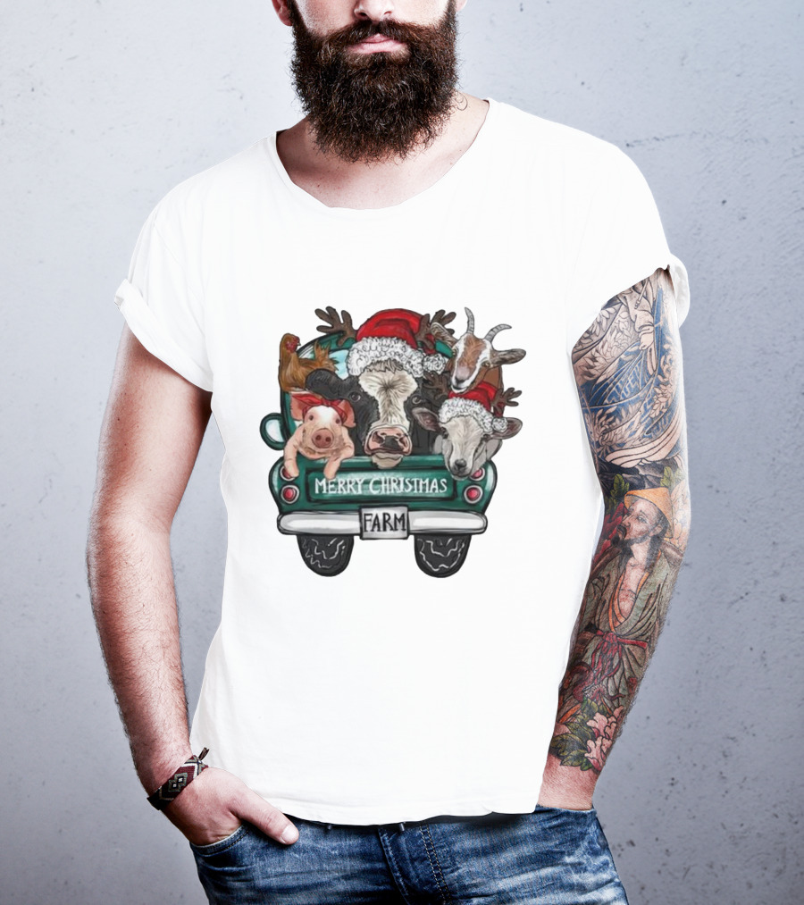 Merry Christmas Farm Animals In Holiday Truck T-Shirt