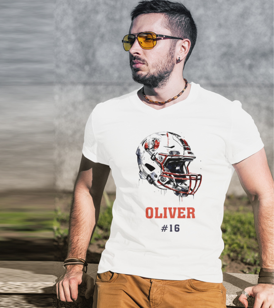 Oliver Personalized Helmet Football Custom Name #16 T-Shirt