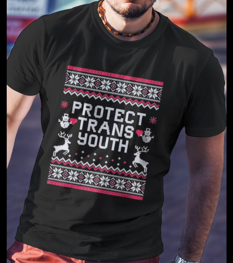 PROTECT TRANS YOUTH Snowflakes Reindeer Hearts Snowmen T-Shirt