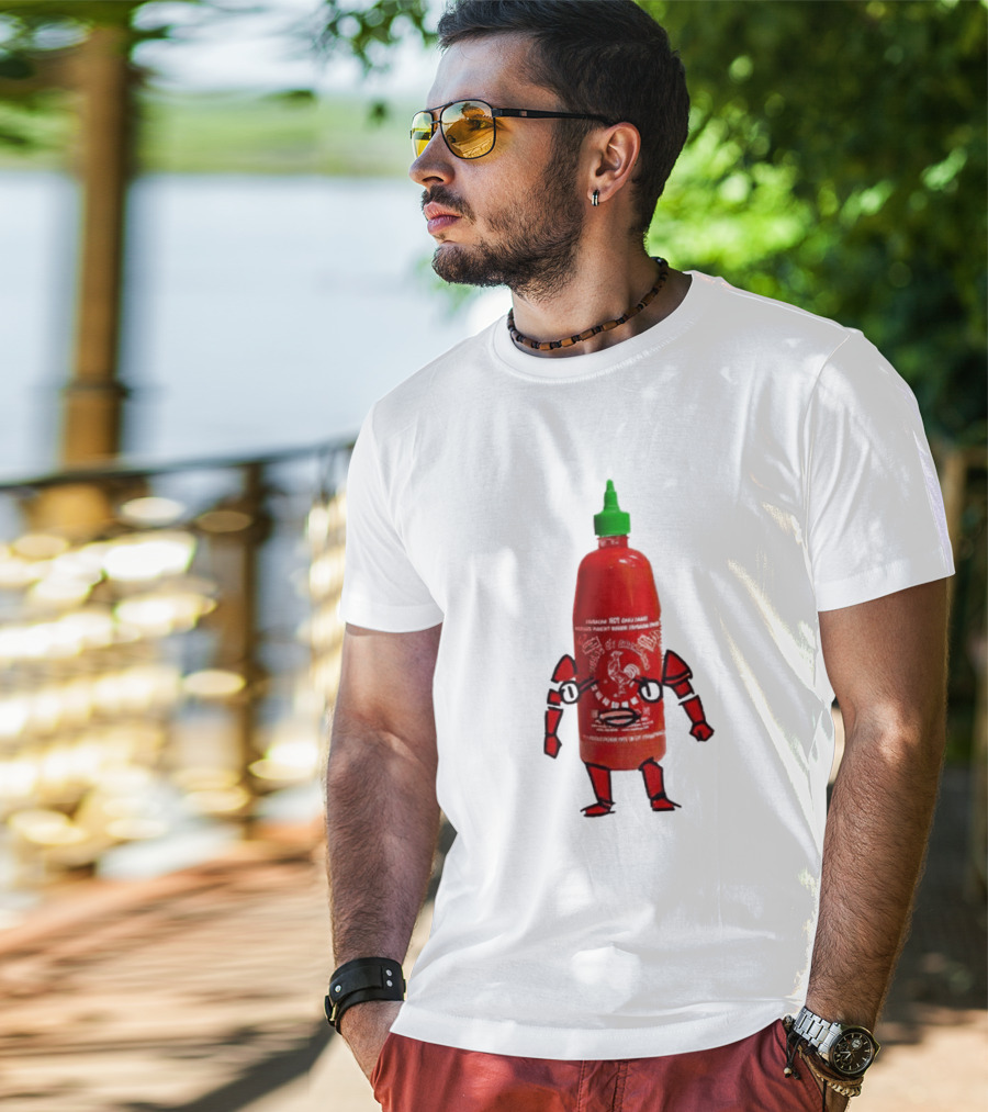 Sriracha Sauce Animated Bottle Character With Green Cap T-Shirt