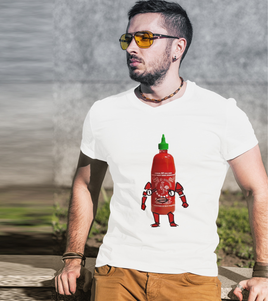 Sriracha Sauce Animated Bottle Character With Green Cap T-Shirt