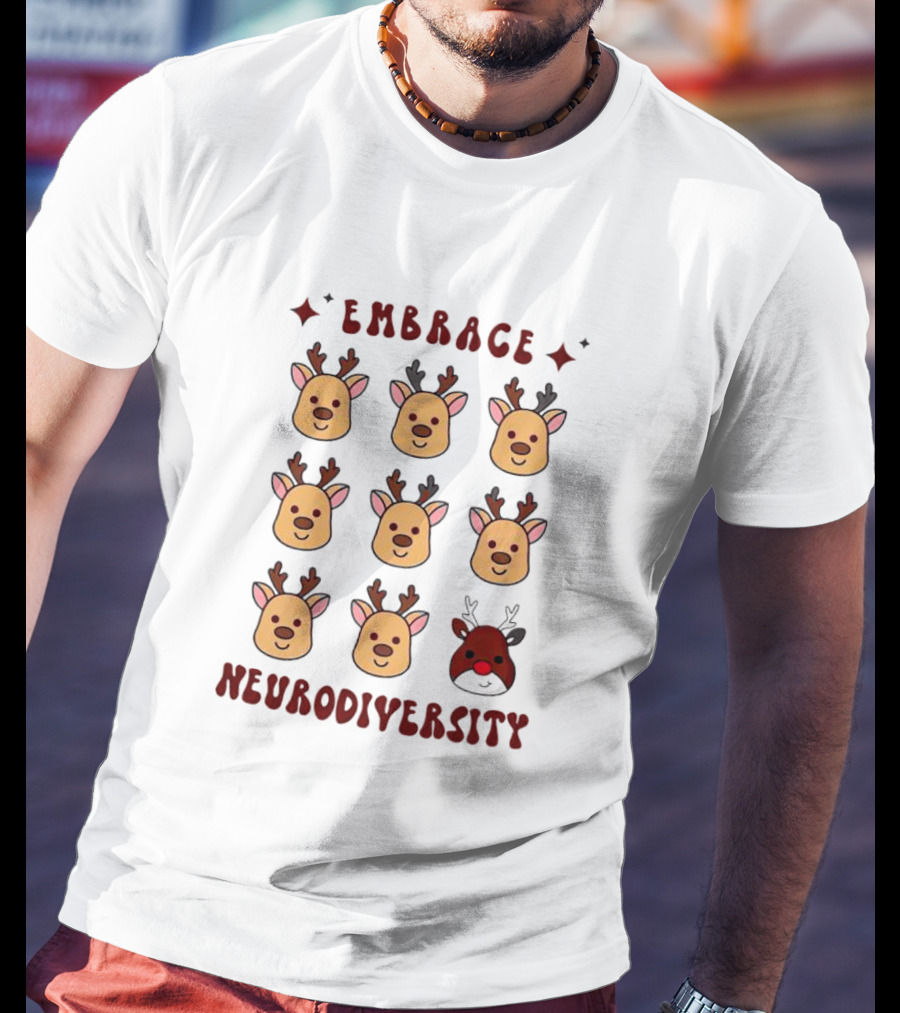 Embrace Neurodiversity Reindeer Faces Red Nose T-Shirt