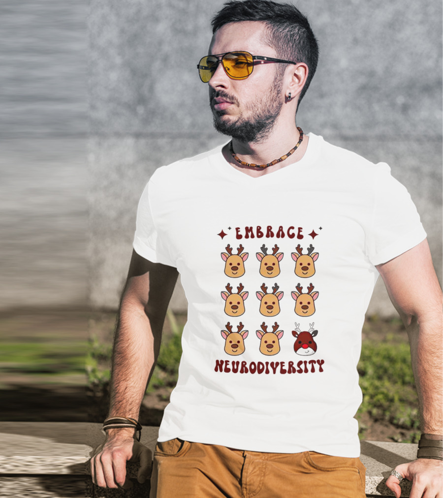 Embrace Neurodiversity Reindeer Faces Red Nose T-Shirt