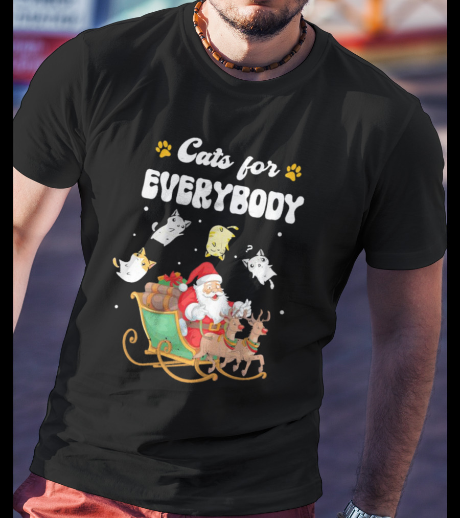 Santa With Flying Cats And Reindeer Sleigh For Everybody Christmas T-Shirt