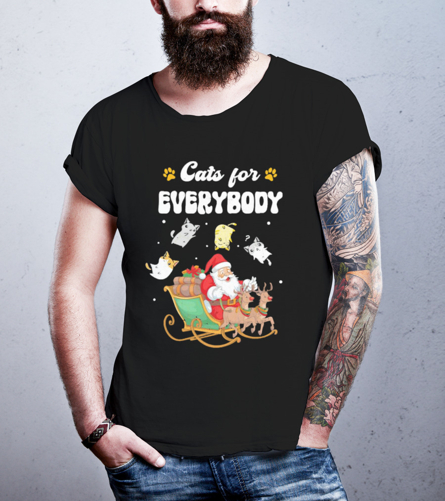 Santa With Flying Cats And Reindeer Sleigh For Everybody Christmas T-Shirt