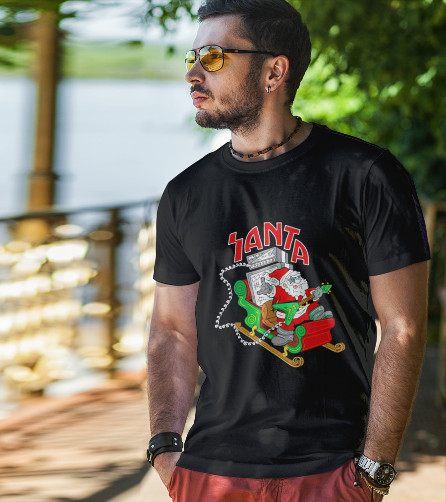 Santa Rocks Sleigh With Guitar And Amps Christmas T-Shirt