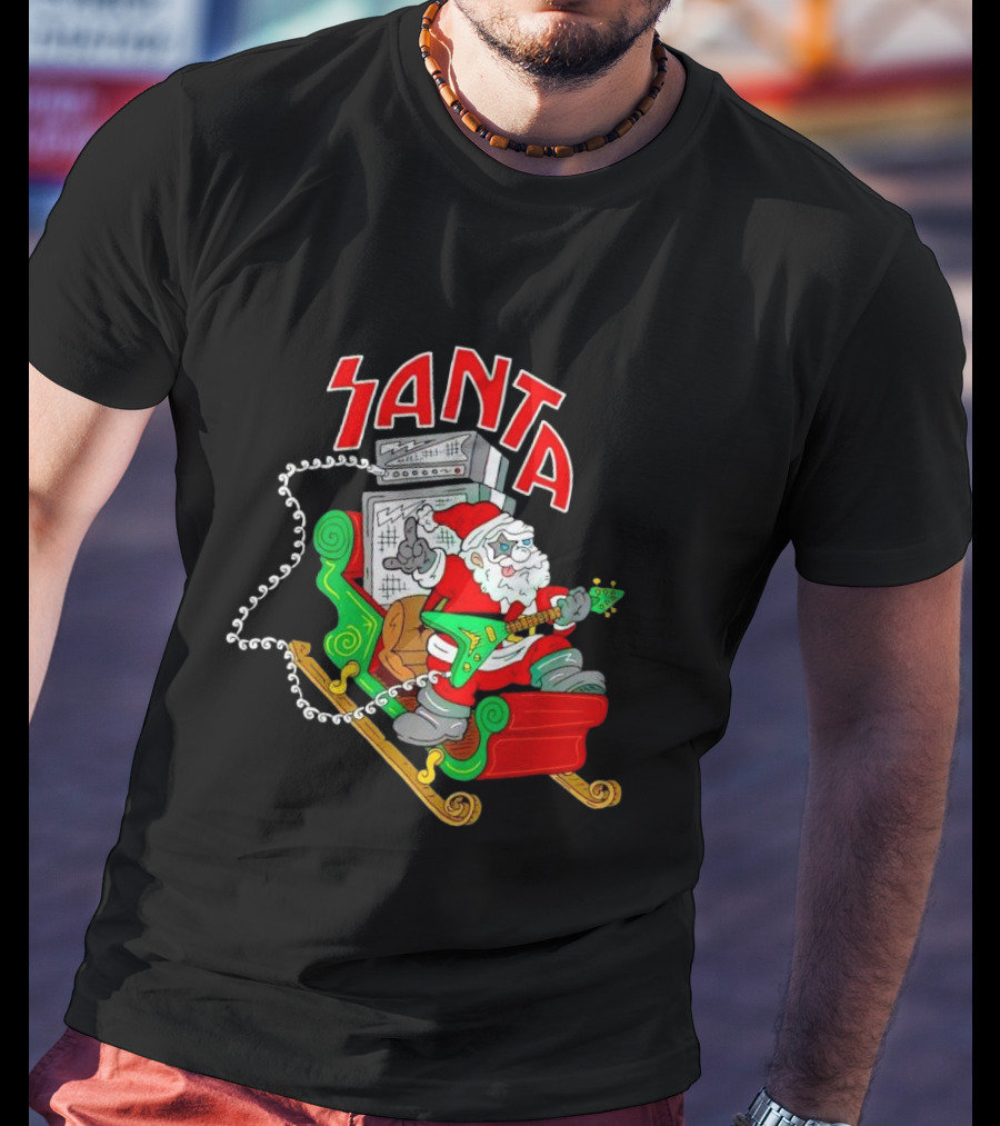 Santa Rocks Sleigh With Guitar And Amps Christmas T-Shirt