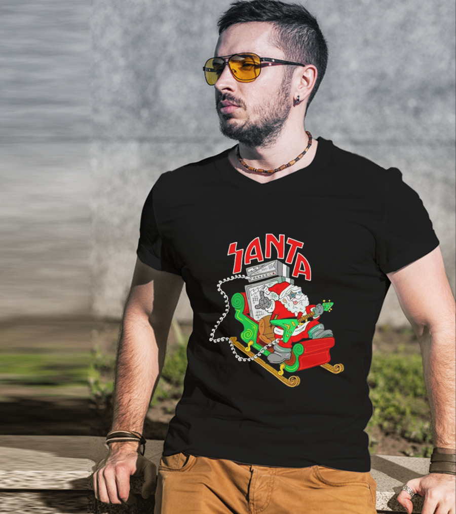 Santa Rocks Sleigh With Guitar And Amps Christmas T-Shirt