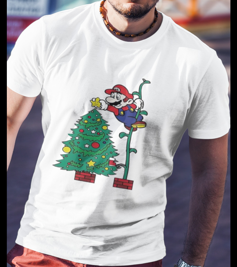 Super Mario Decorating Christmas Tree With Power-Up Star And Brick Blocks T-Shirt