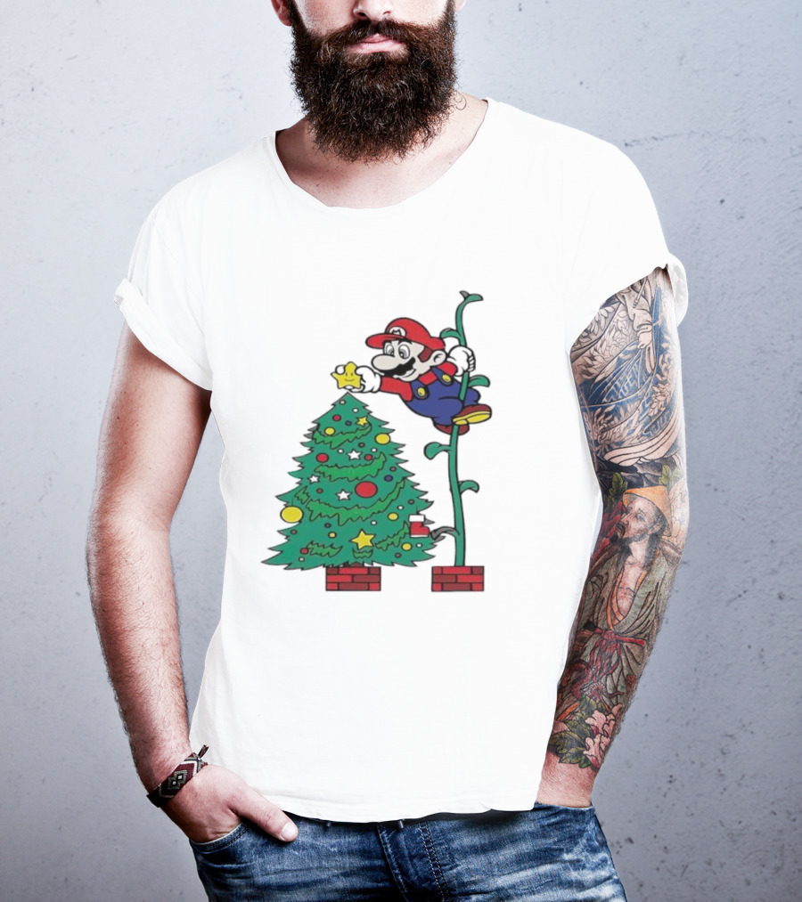 Super Mario Decorating Christmas Tree With Power-Up Star And Brick Blocks T-Shirt
