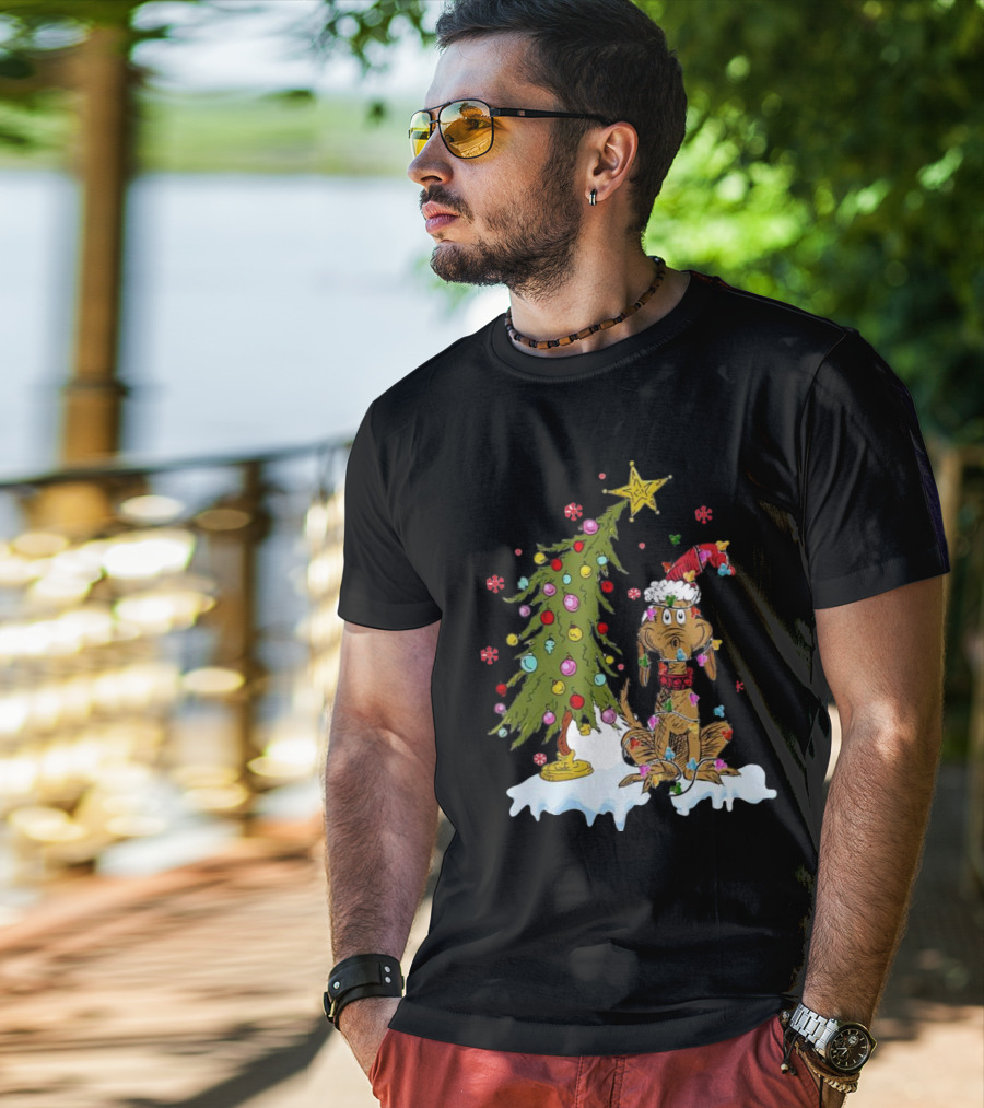 Christmas Max Dog Wrapped In Lights With Grinch Tree Scene T-Shirt