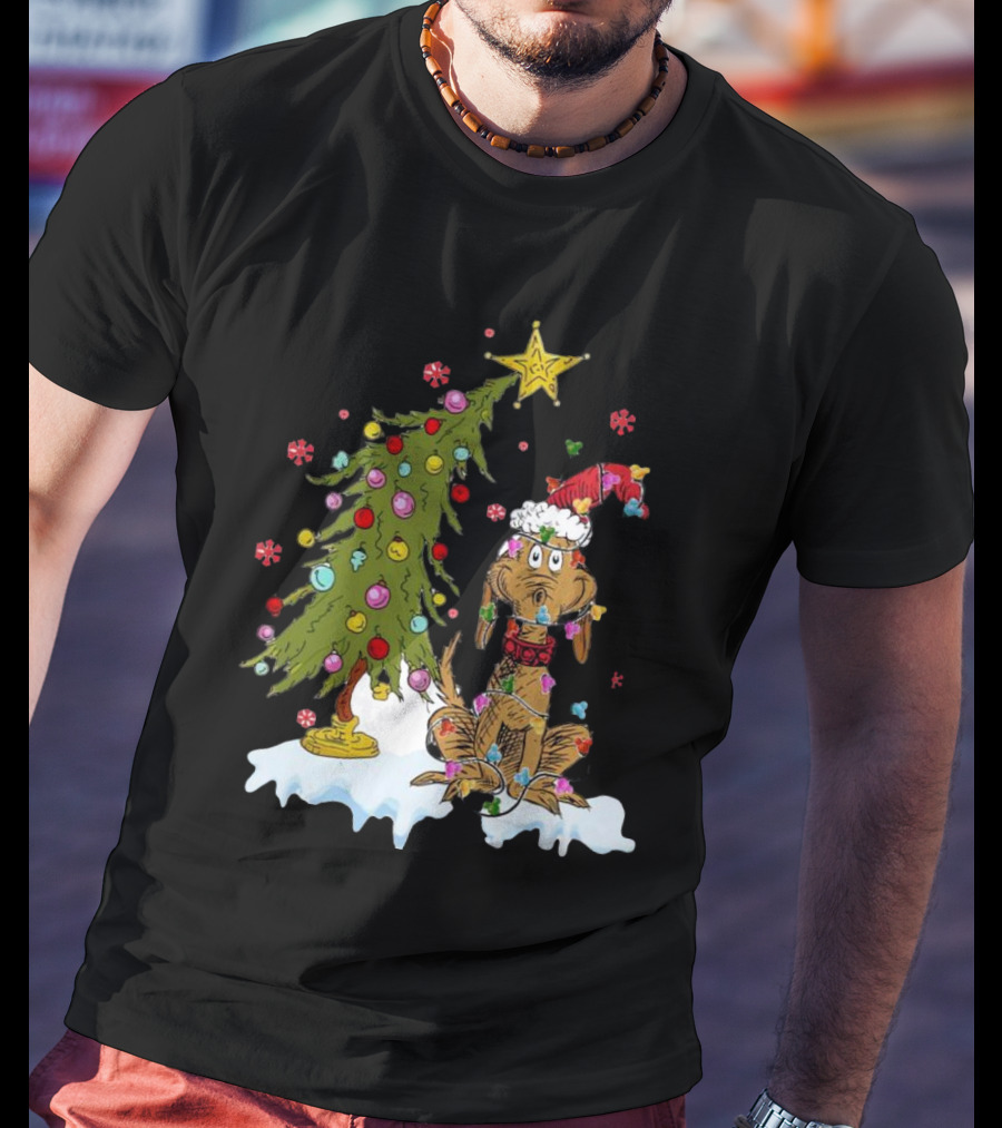 Christmas Max Dog Wrapped In Lights With Grinch Tree Scene T-Shirt