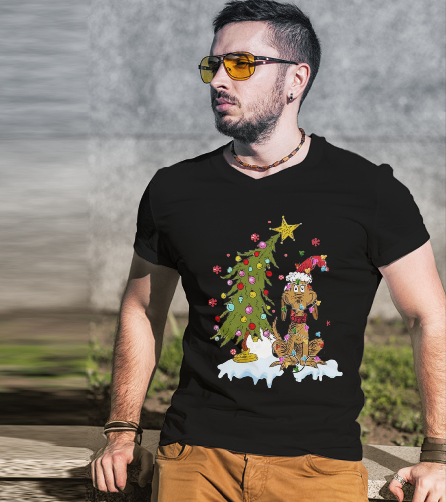 Christmas Max Dog Wrapped In Lights With Grinch Tree Scene T-Shirt