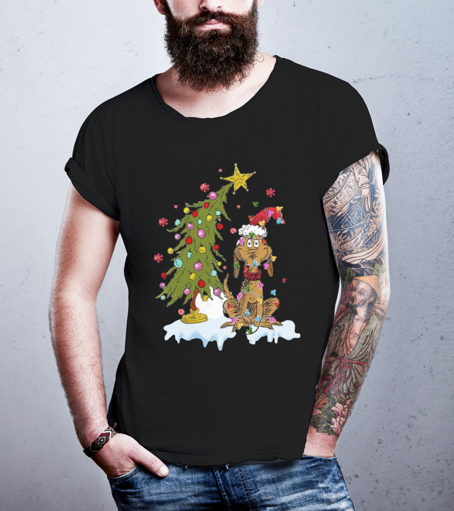 Christmas Max Dog Wrapped In Lights With Grinch Tree Scene T-Shirt