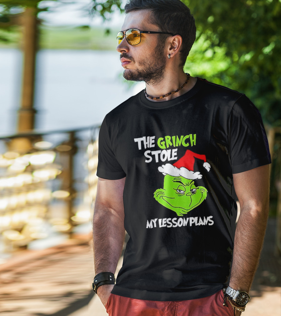 The Grinch Stole My Lesson Plans Christmas Red Hat Green Face T-Shirt
