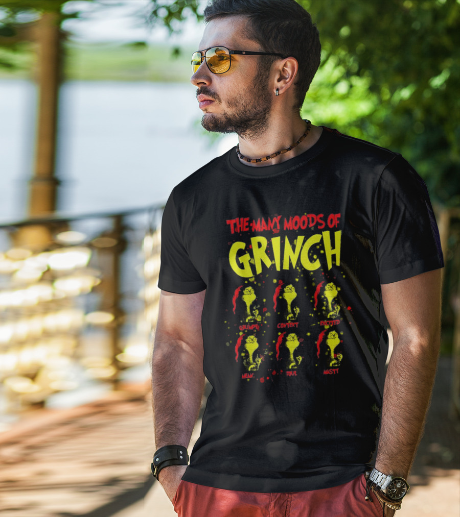 The Many Moods Of Grinch Grumpy Content Excited Mean Sour Nasty Merry Christmas T-Shirt