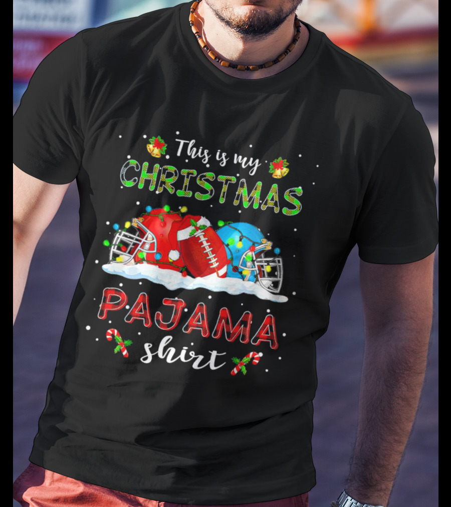 This Is My Christmas Pajama Shirt Football Helmets Candy Canes Snowflakes T-Shirt