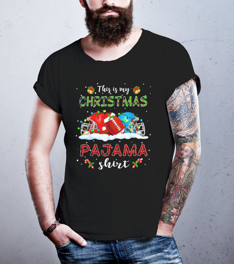 This Is My Christmas Pajama Shirt Football Helmets Candy Canes Snowflakes T-Shirt
