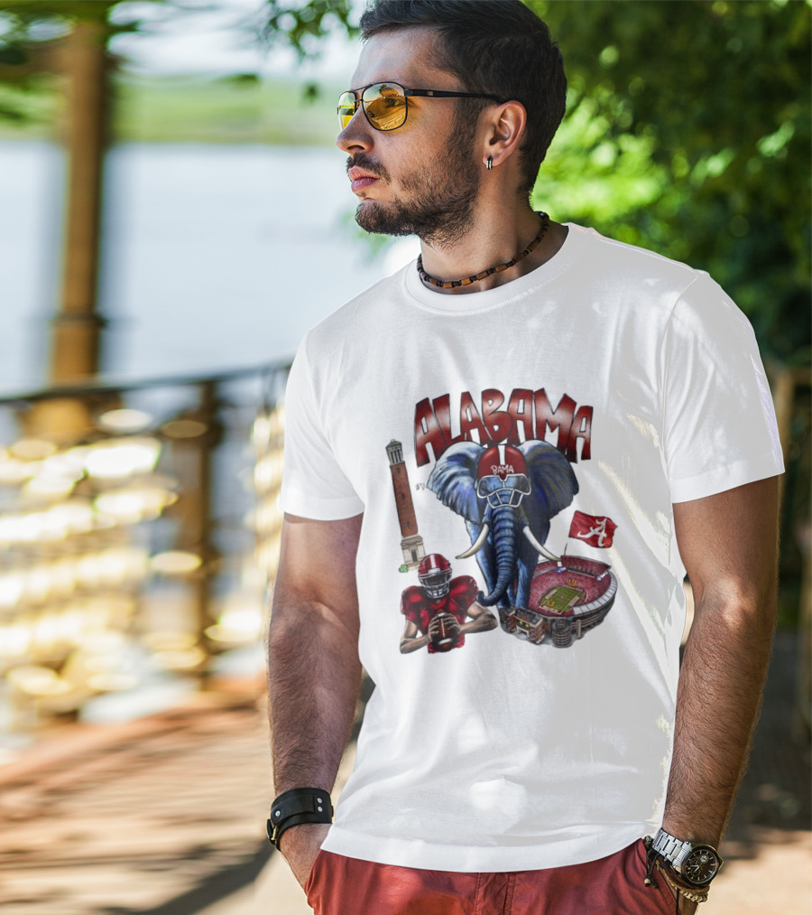 Alabama Crimson Tide Football Elephant Stadium Football Player Old Main Tower Bama T-Shirt